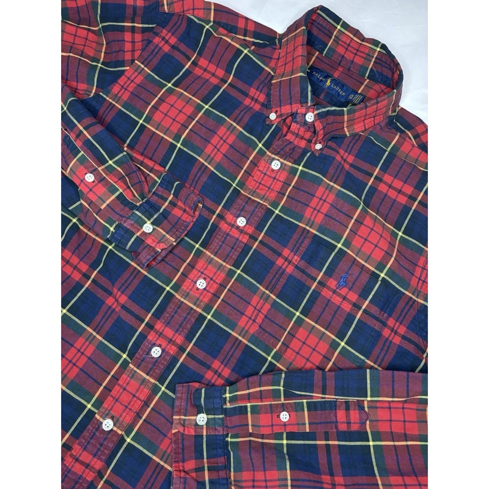 Ralph Lauren Plaid Long Sleeve Button Down Shirt Men's XXL Red Navy Yellow Pony